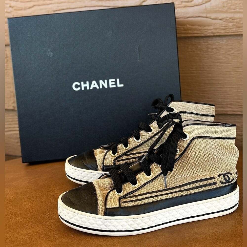 CHANEL Authentic Beige and Black High-Top Lace Up Canvas Sneakers Sz 37.5